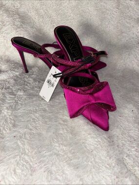 Missing one bling Express Women's Magenta Satin Pointed Toe Bow Slingback Heels